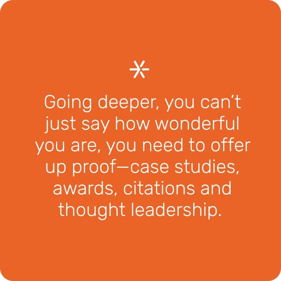 Going deeper, you can't just say how wonderful you are, you need to offer up proof--case studies, awards, citations and thought leadership.